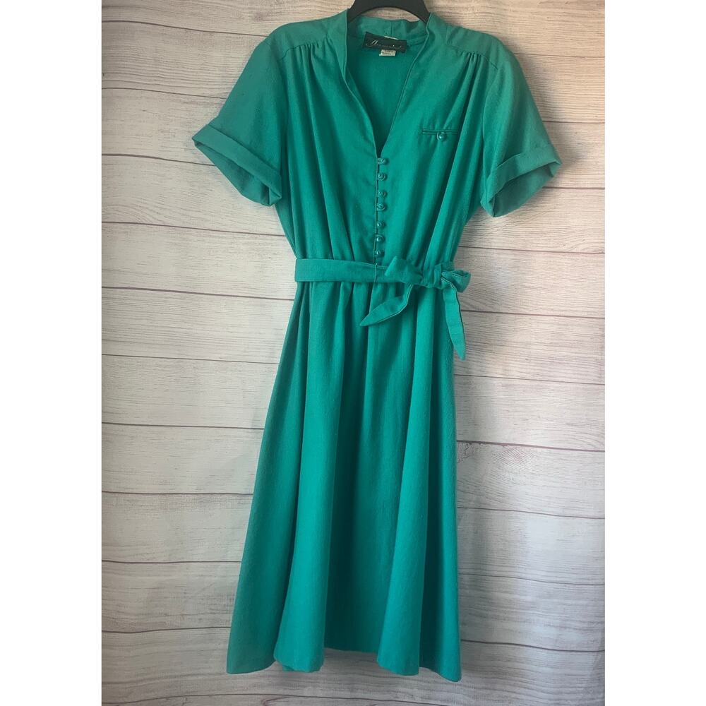 Vintage Germaine Teal Green Dress with Belt Short Sleeves 70s 80s Size 16